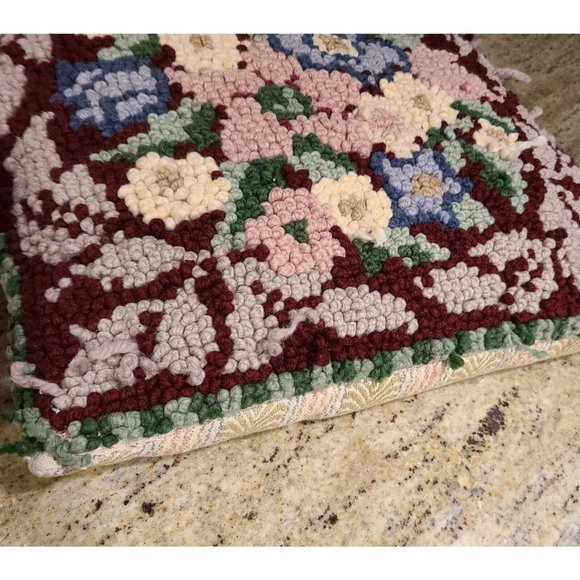 Vintage Wool Hook Handmade Floral Victorian Pillow 17x15" Red Pink Blue Green - Picture 7 of 12